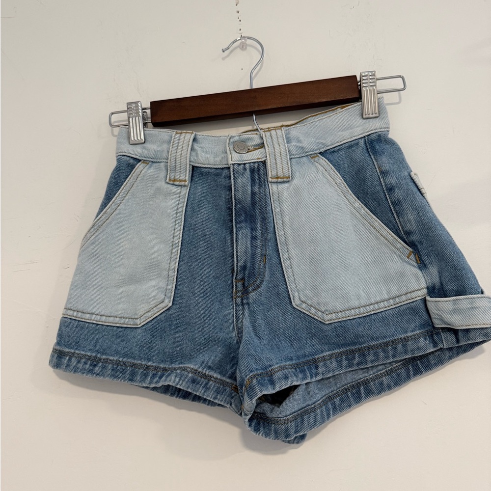 Pacsun 23 Colorblock Two-Tone Blue Denim Shorts - High-Waist Pocket Detail
